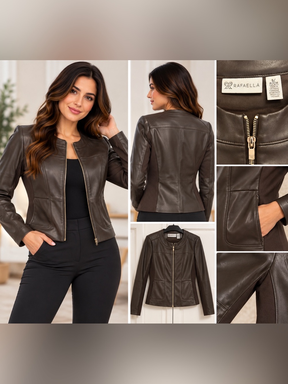 Rafaella Women’s Brown Fitted Leather Zip Jacket